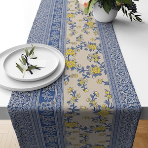 French Country Floral Table Runner – Blue & Yellow Vintage-Inspired Design, Elegant Farmhouse Dining Decor