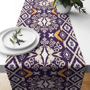 Boho Ikat Table Runner – Purple & Gold Tribal Print, Modern Bohemian Decor, Elegant Dining Table Accent