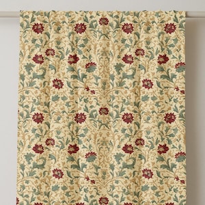 Burgundy Floral Linen Curtain Panel: Vintage Baroque Botanical Print