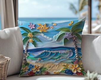 Tropical Beach Scene Outdoor Pillow – Waterproof Coastal Cushion with Palm Tree and Ocean Waves for Patio or Pool