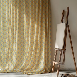 Retro Geometric Linen Curtain: Yellow & Blue, Optional Blackout