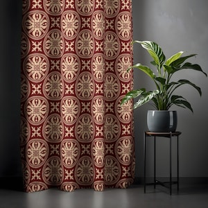 Vintage Medallion Pattern Curtain - Burgundy and Beige Drapery for Elegant Home Decor