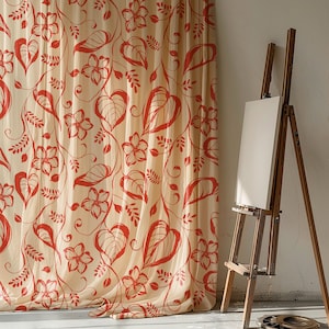 Red Floral Linen Curtain Panel: Elegant Boho Living Room Decor