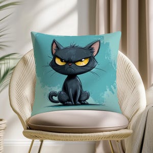 Grumpy Cat Cartoon Throw Pillow Cover – Bold Angry Kitty Art Cushion for Whimsical Decor and Cat Lovers