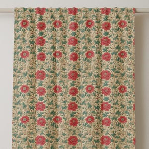 Red Peony Floral Print Linen Curtain: Vintage Cottage Style - Single Panel