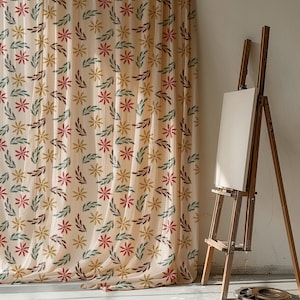 Vintage Floral Linen Curtain, Natural Beige Rustic Curtain, Embroidered Boho Sheer Curtain, Ethnic Sheer Drape