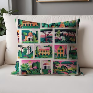 Housse de coussin de jardin en forme de carte postale - Patchwork illustré de villas et de scènes botaniques, coussin aux couleurs vives pour les intérieurs éclectiques et artistiques