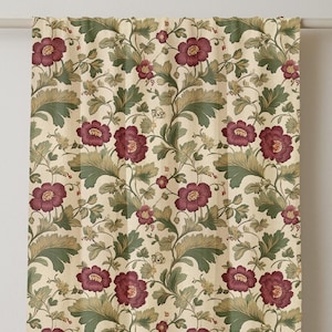 Vintage Botanical Linen Curtain – Burgundy Flower and Leaf Pattern on Beige Panel for Traditional or Cottagecore Home Decor