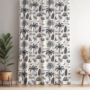 Tropical Palm Tree Curtain: Monochrome Surf Print, Coastal Boho Decor