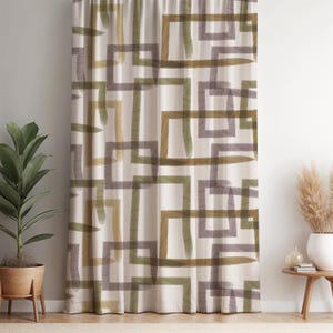 Abstract Square Pattern Curtain – Olive, Taupe and Beige Artistic Drapes – Modern Geometric Window Panel