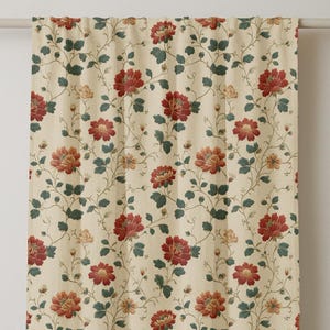 Floral Curtain Linen Vintage Drape with Botanical Print, Beige Cottage Style, Retro Shabby Chic Romantic Window Panel