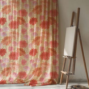 Linen Floral Curtain Peony Print Drapes Rose Pattern Panel Romantic Beige Pink Red Window Treatment Vintage Botanical Home Décor