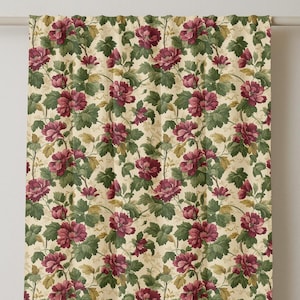 Vintage Floral Linen Curtain: Burgundy & Green Peony Print - Single Panel