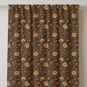 Dark Floral Linen Curtain Panel: Vintage Botanical Print, Beige & Red
