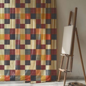 Linen Plaid Curtain Panel: Retro Checkered Drapes, Autumn Colors