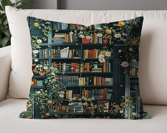 Library Bookshelf Pillow Cover – Vintage Book Lover Decor, Dark Academia Cushion, Literary Home Accent