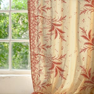 Vintage Floral Linen Curtain – Red Botanical Pattern Drapery Panel for French Country Kitchen or Bedroom Decor
