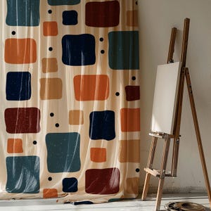 Retro Geometric Linen Curtain Panel: Mid Century Modern Orange Navy Teal