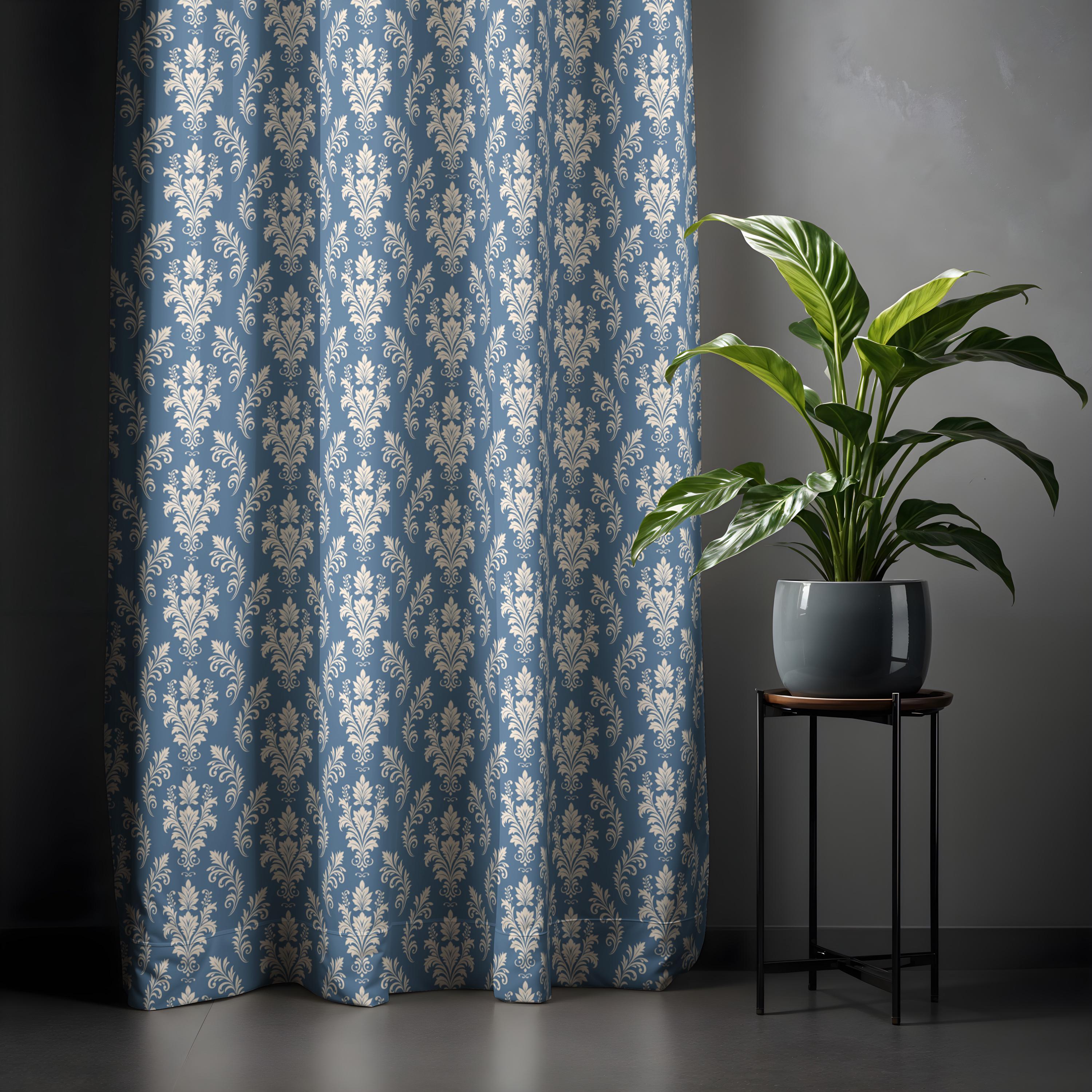 Elegant blauw damastgordijn – klassieke gordijnen met patroon voor een tijdloze stijl