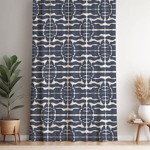 Navy Abstract Organic Cotton Blend Curtain Panel
