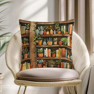 Bookshelf Plant Pillow Cover: Vintage Library Decor Cushion