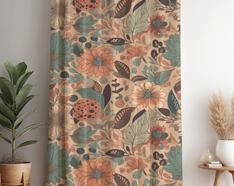 Vintage Floral Curtain: Retro Botanical Window Panel, Beige Boho Decor