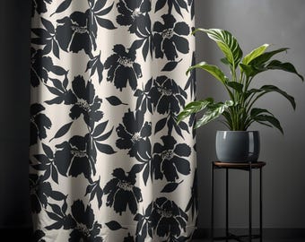 Black and White Floral Curtain - Elegant Botanical Drapes for Modern or Classic Home Decor