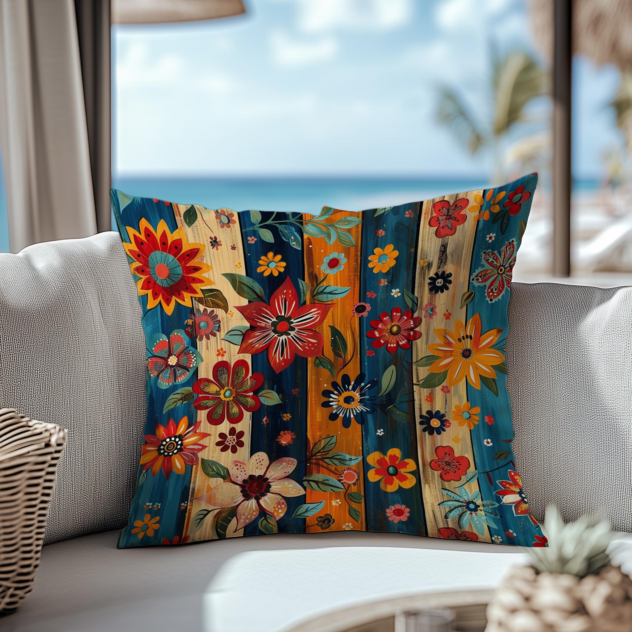 Outdoor Throw Pillow Cover, Colorful Floral Pattern Cushion, Bohemian Garden Patio Decor, Vibrant Rustic Wooden Stripes Pillowcase