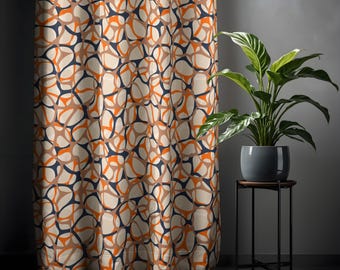 Retro Abstract Design Curtain - Orange and Blue Artistic Window Panels for Living Room