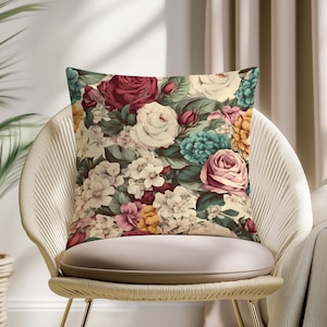 Vintage Rose Pillow Cover – Elegant Floral Cushion with Garden Inspired Botanical Print