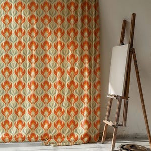 Retro Linen Curtain with Orange Tulip Pattern, Mid-Century Modern Window Panel for Vintage-Inspired Home Decor