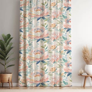 Pastel Peony Floral Curtain with Cream Background – Romantic Shabby Chic Drapes for Bedroom or Living Room