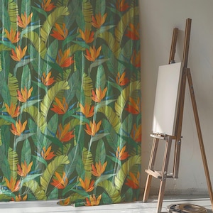 Linen Tropical Curtain - Botanical Palm & Bird of Paradise, Colorful Floral Jungle Leaf Drapes, Exotic Nature Window Panel, Boho Home Decor