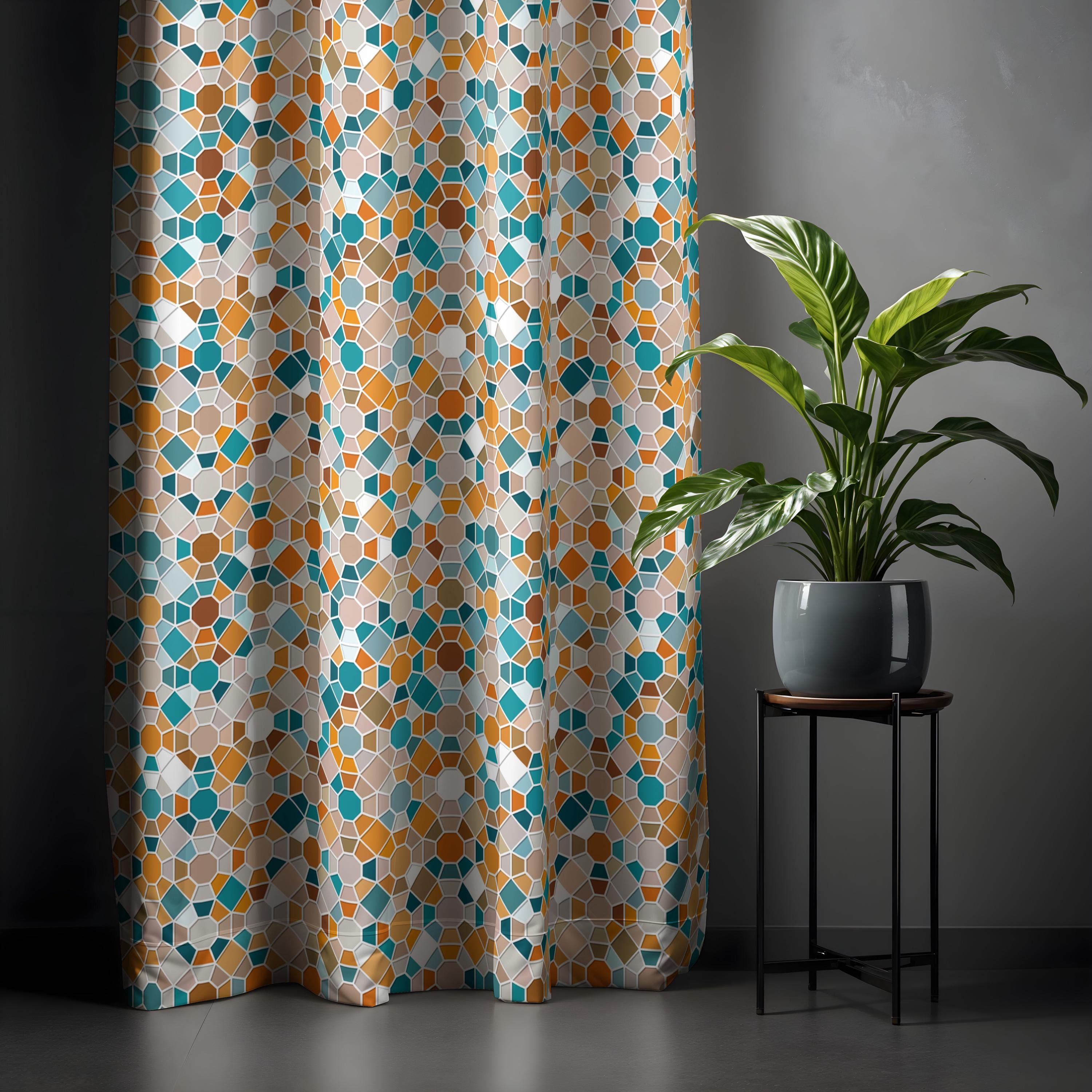 Colorful Mosaic Pattern Curtain, Teal and Orange Geometric Drapes, Modern Home Accent