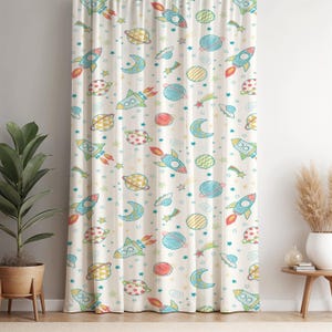 Space Theme Window Curtain – Colorful Rocket and Planet Print Drapes for Kids Room or Nursery Decor