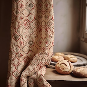 Vintage Medallion Linen Curtain Panel - Rustic Red & Taupe - Custom Length