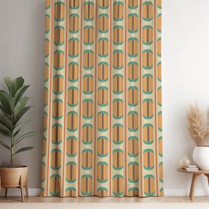 Mid-Century Modern Window Curtain – Orange and Teal Geometric Pattern Drapes for Retro Home Decor