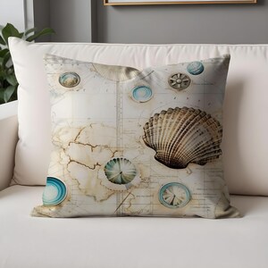 Tesoros de la costa / Fundas de almohada con mapas náuticos antiguos con diseño de conchas y estrellas de mar