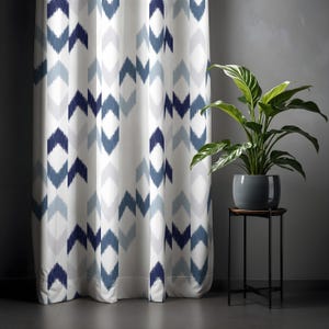 Blue and White Ikat Curtain, Boho Diamond Pattern Drapes, Modern Home Accent