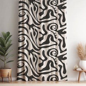 Abstrakter schwarz-weißer Vorhang – Moderne Freeform Line Art Panel – Gewagte minimalistische Fenstervorhänge