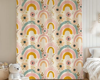 Rainbow Sheer Curtain – Boho Floral Window Panel, Nursery Decor