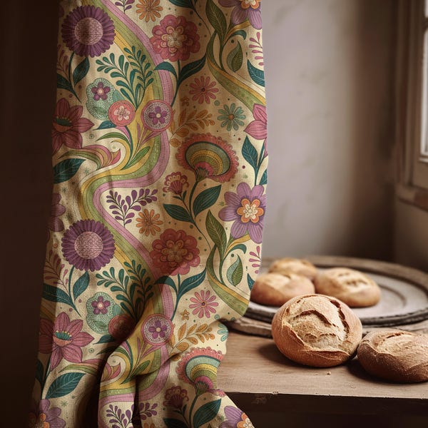 Retro Floral Leinen Vorhang: Buntes Boho Muster Panel, Vintage Bauernhaus Vorhänge