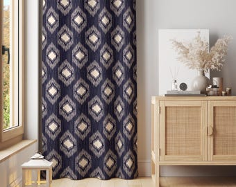 Navy Ikat Curtain Panel: Beige Geometric Diamond Print, Modern Boho Style