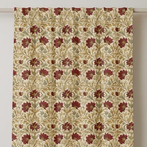 Antique Floral Linen Curtain in Deep Red – Vintage Victorian Style Botanical Pattern – Elegant Tapestry Look for Timeless Interiors