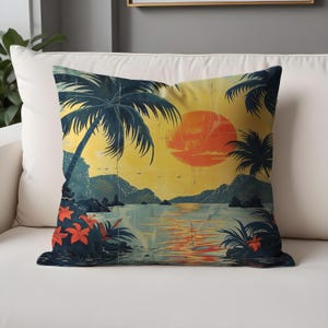 Tropical Getaway Sunset Pillow Cases – Palm Tree & Ocean View Cushion – Mid-Century Coastal Decor for Relaxing Beach House Vibes