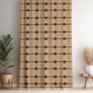 Mid Century Modern Curtain Panel: Geometric Black Print on Beige
