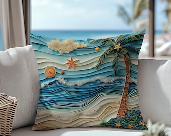Tropical Beach Scene Outdoor Pillow – Waterproof Coastal Cushion with Palm Tree and Ocean Waves for Patio or Pool
