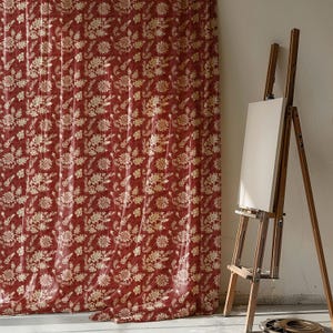 Red Floral Linen Curtain - Vintage-Inspired Natural Fabric Window Treatment, Rustic Cottagecore Home Decor