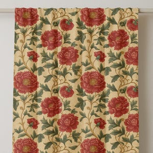 Red Peony Linen Curtain Panel: Vintage Floral Drapery, Rustic Window Treatment