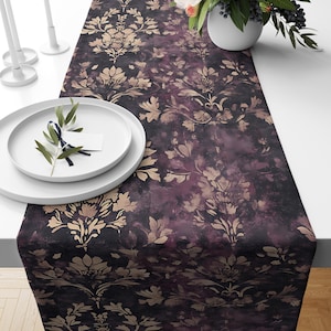 William Morris Style Plum Damask Table Runner – Vintage Floral Decor